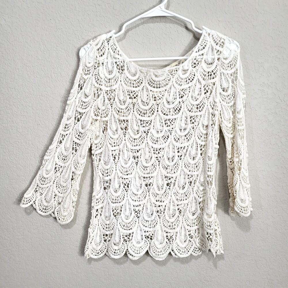 Bodywaves Lace Top Womens XS Off White / Cream Summer Casual Cottage Boho Sheer